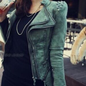 Shalang Women’s Denim Studded Olive Green Fitted Motorcycle Jacket Medium